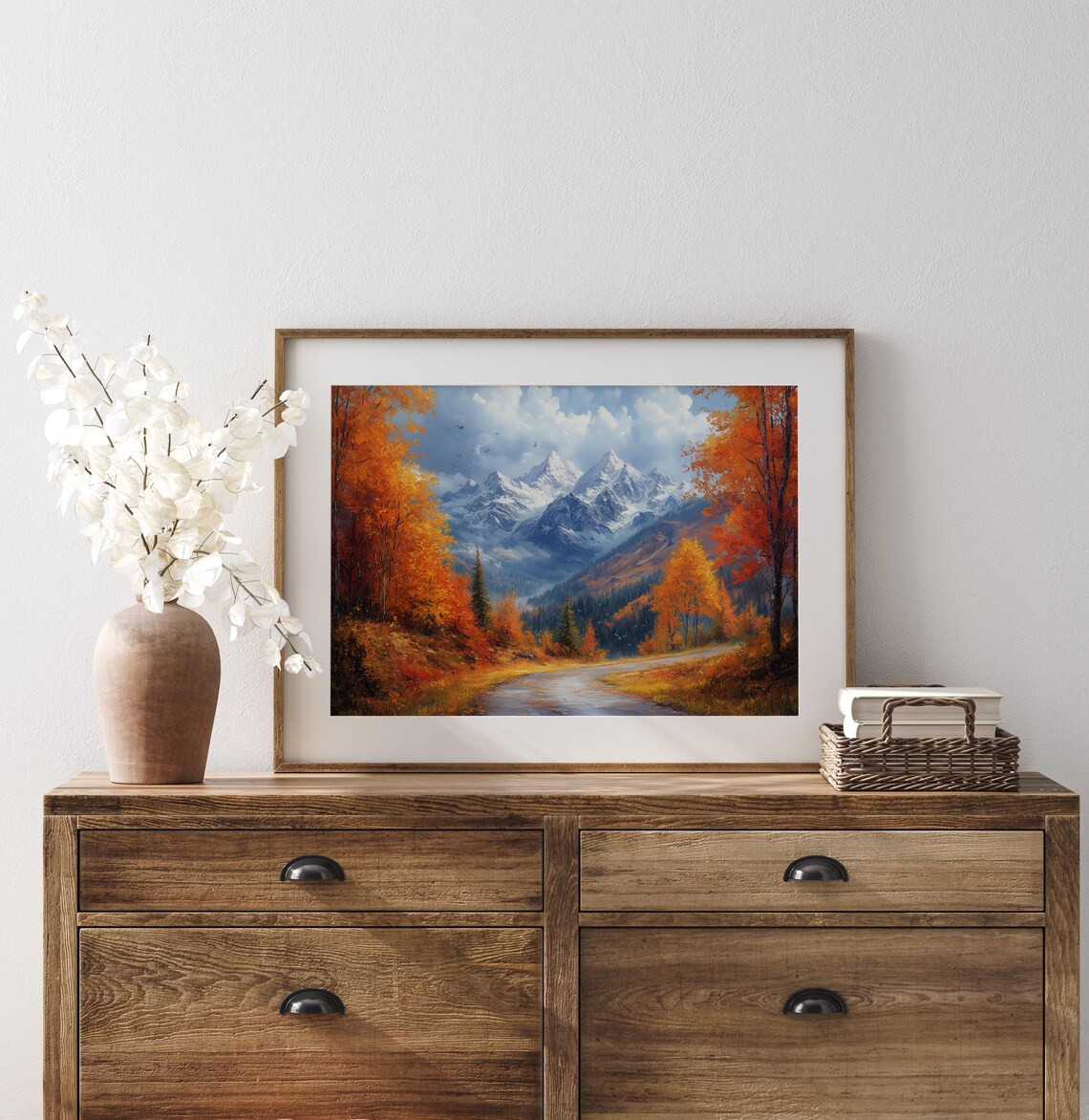 Autumn Road Snowy Mountain Peaks Flying Birds Oil Painting Poster - Image 3