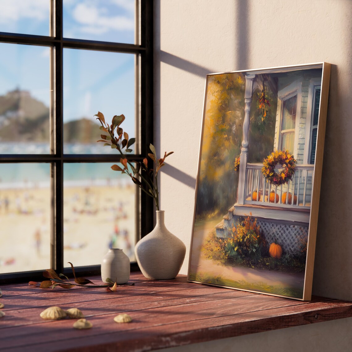 Charming Cottage Porch Decorated with Pumpkins and a Fall Wreath Poster - Image 5