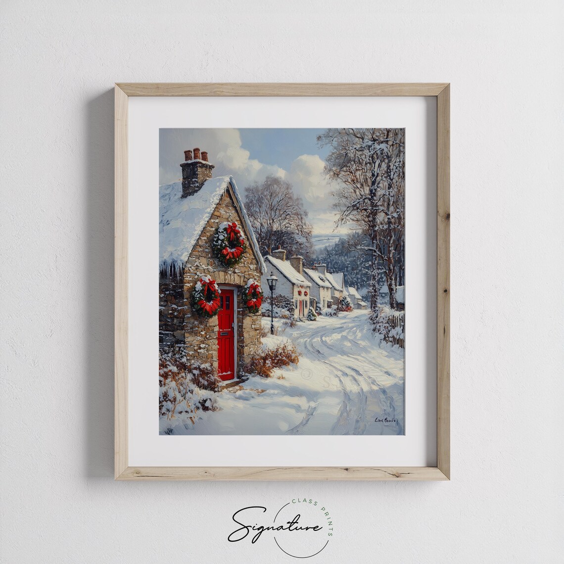 Stone Cottage with Red Door and Wreaths on Snowy Lane Poster - Image 2