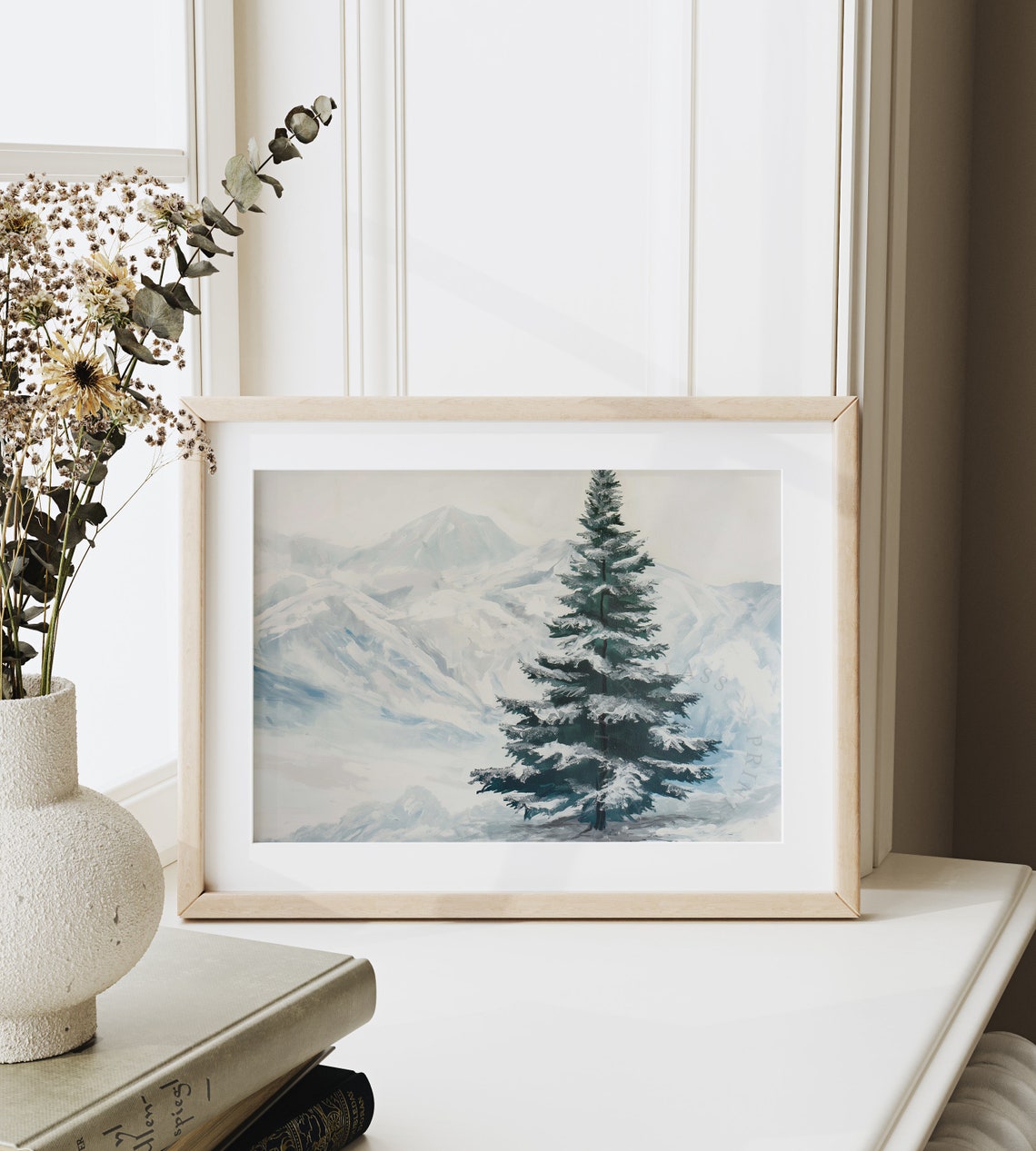 Lone Snow Dusted Spruce Tree Before Alpine Peaks Winter Poster - Image 6