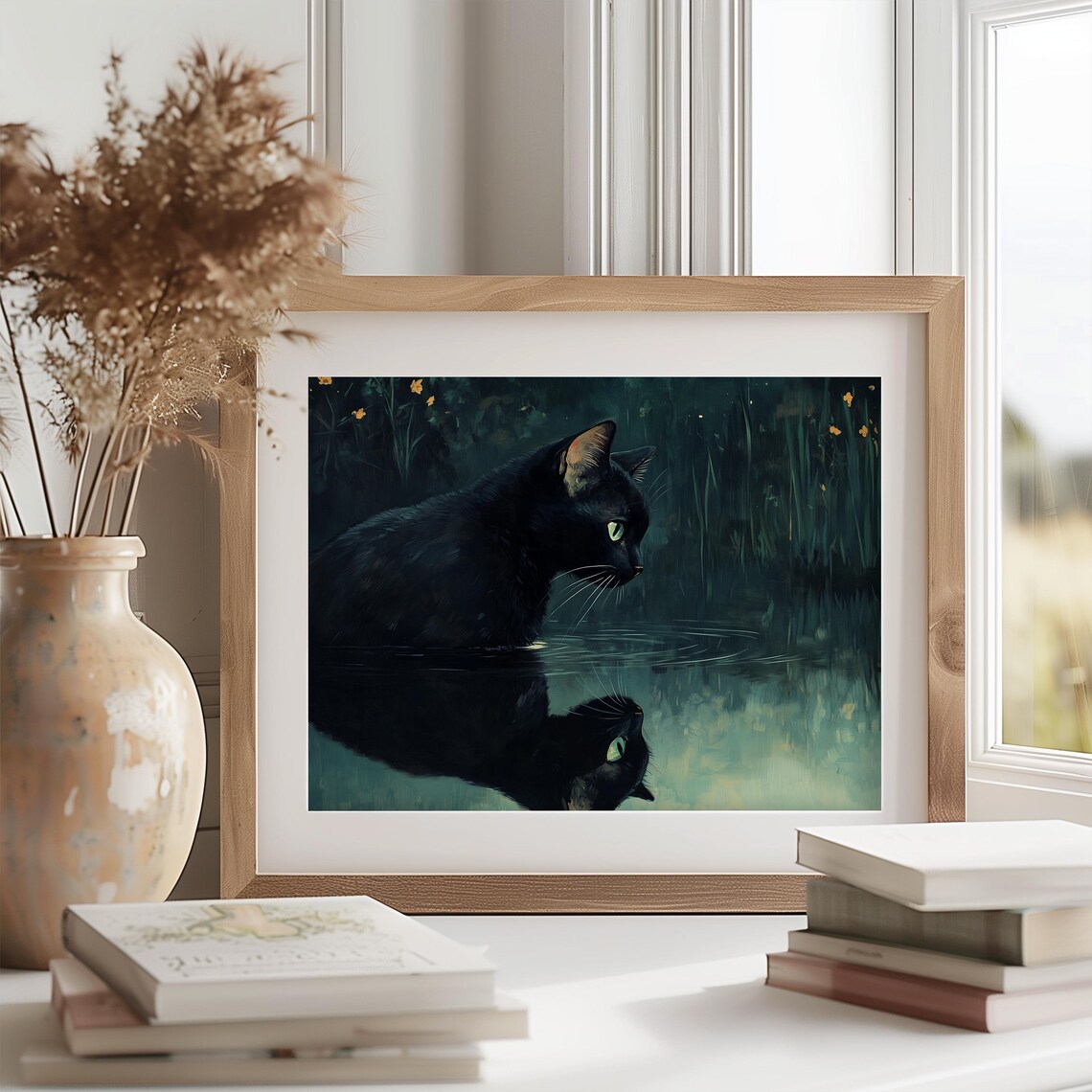 Black Cat Gazing at Its Reflection in Dark Mysterious Waters at Night Poster - Image 2