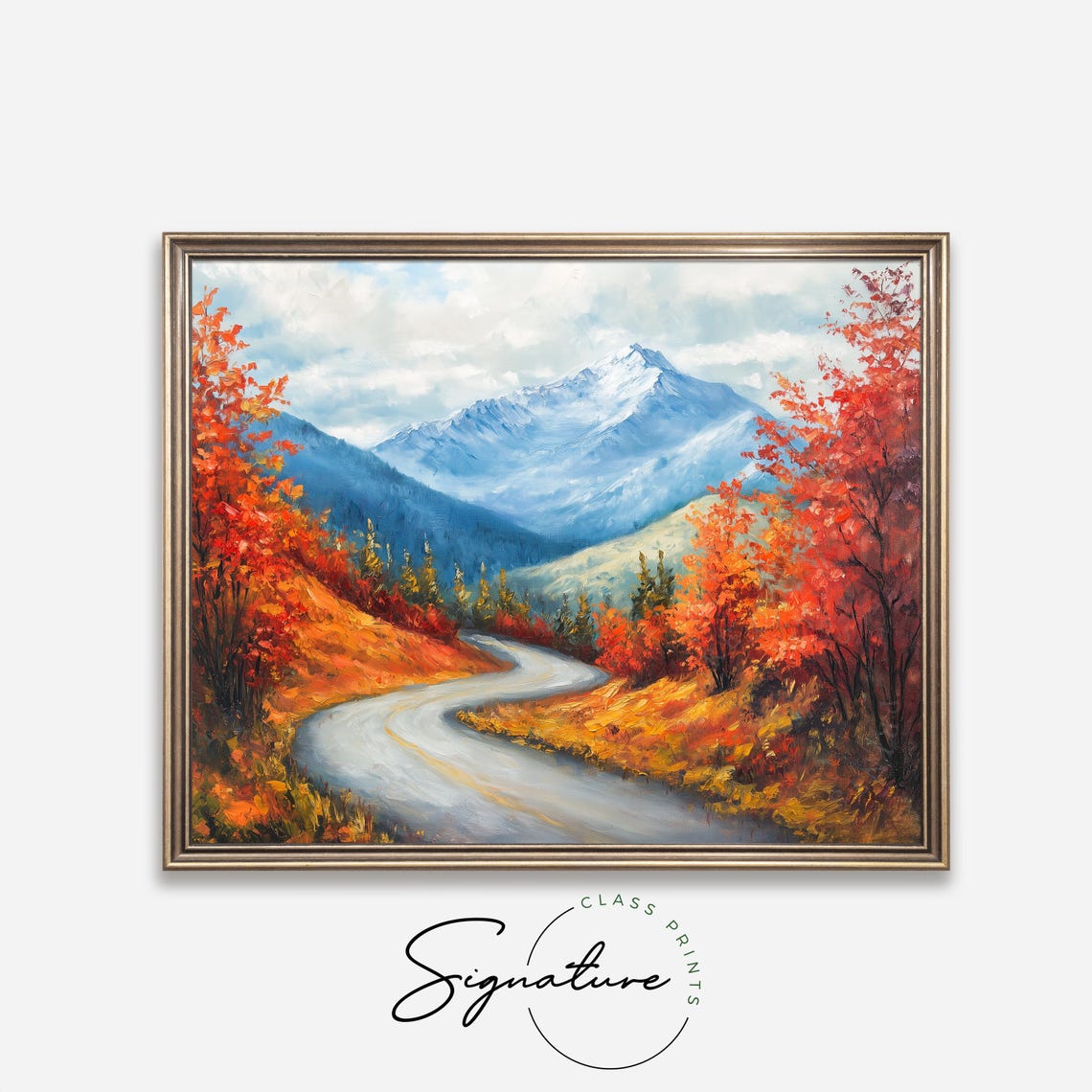 Winding Mountain Road Through Autumn Foliage Snowy Peak Poster - Image 4