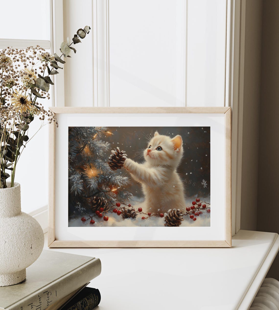 Cream Kitten Playing With A Pinecone Among Berries And Snow Poster - Image 6