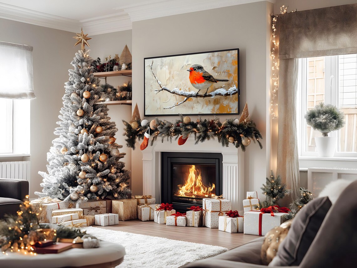 Cheerful Robin On Snowy Branch Winter Frame TV Art Bird Poster - Image 2