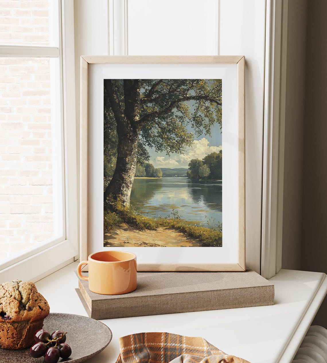 Serene River Under Big Oak Tree Tranquil Green Lake Landscape Poster - Image 6