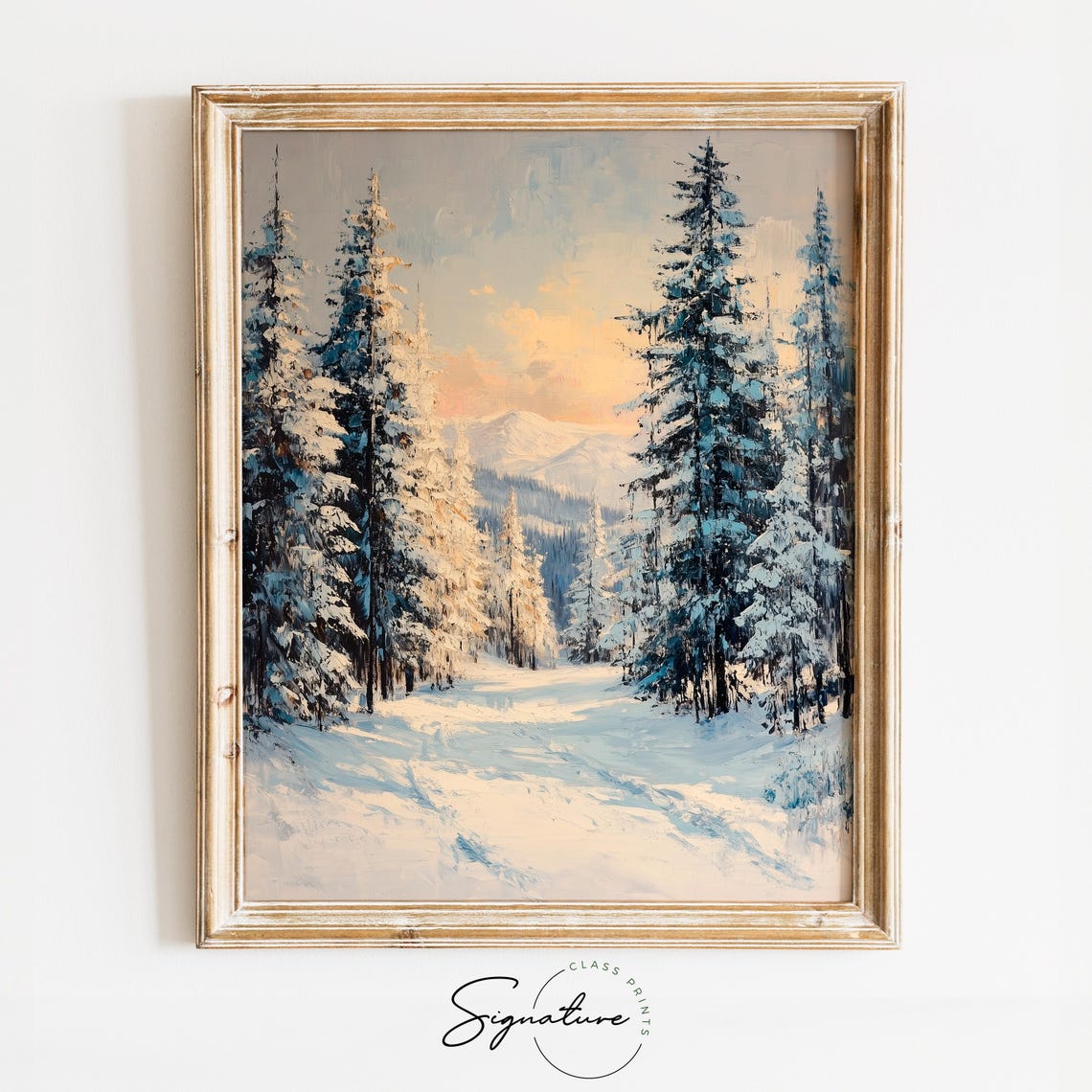 Frosted Pines in Snowy Alpine Valley Winter Mountain Scene Poster