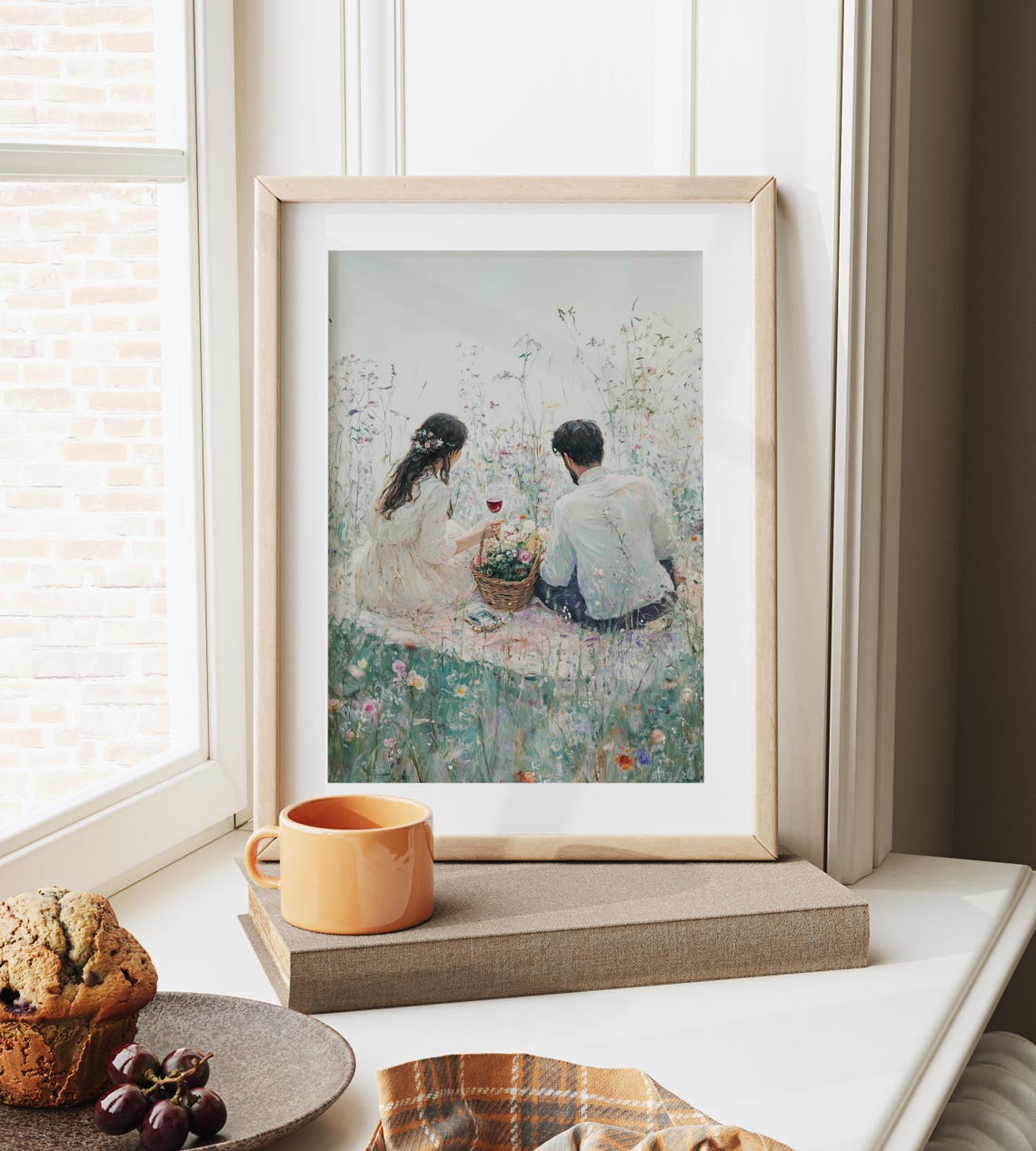 Romantic Picnic In Wildflower Meadow Couple Wine Vintage Wall Art - Image 4