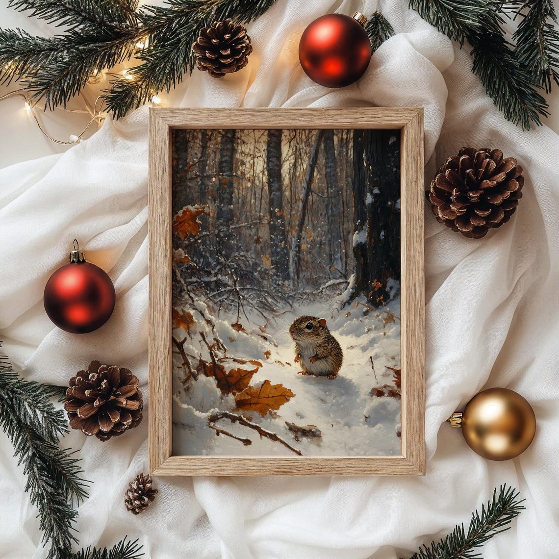 Tiny Woodland Rodent In Snowy Autumn Forest With Fallen Leaves Poster - Image 4