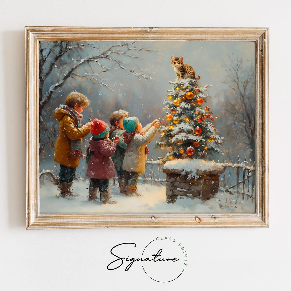 Children Decorating A Snowy Outdoor Christmas Tree With Kitten Poster