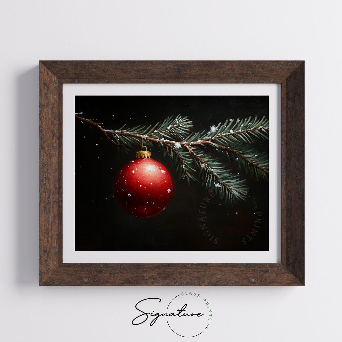 Red Christmas Bauble Hanging From A Snowy Pine Branch Art Poster - Image 5