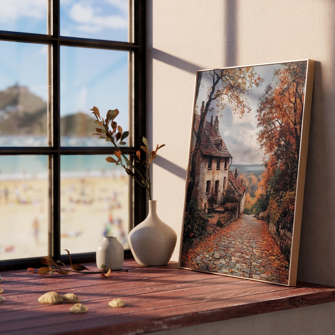 Cobblestone Village Lane Autumn Stone Cottage Fall Landscape Art Poster - Image 5