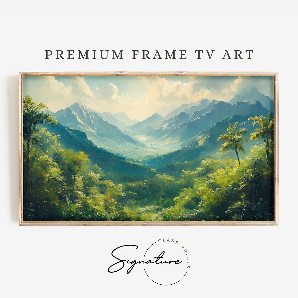 Lush Tropical Green Mountain Valley Palm Trees Misty Peaks Wall Art