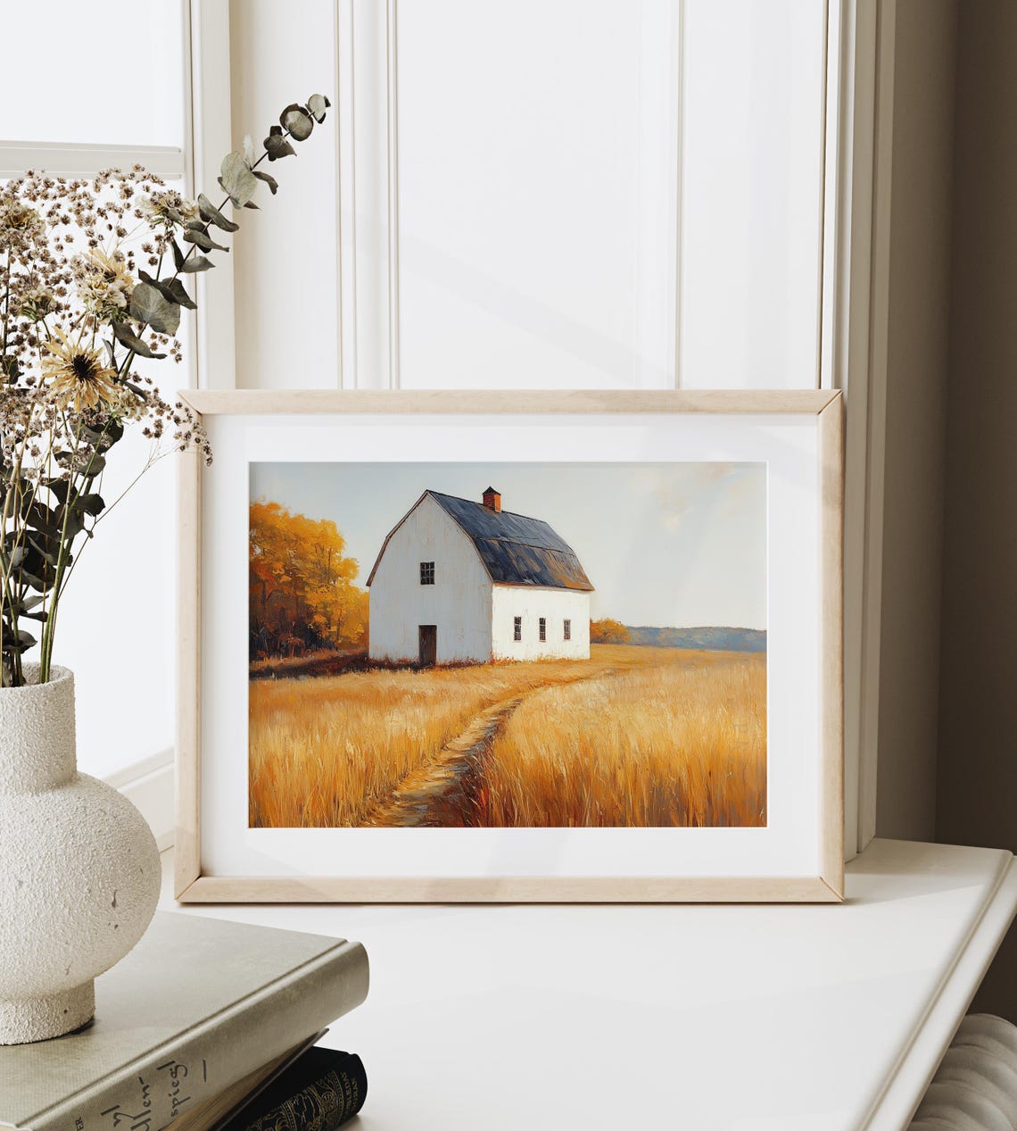 White Barn Standing Alone in Endless Golden Wheat Field Wall Art - Image 6