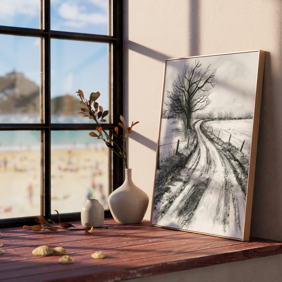 Frosty Country Road With Bare Tree Monochrome Sketch Winter Poster - Image 5