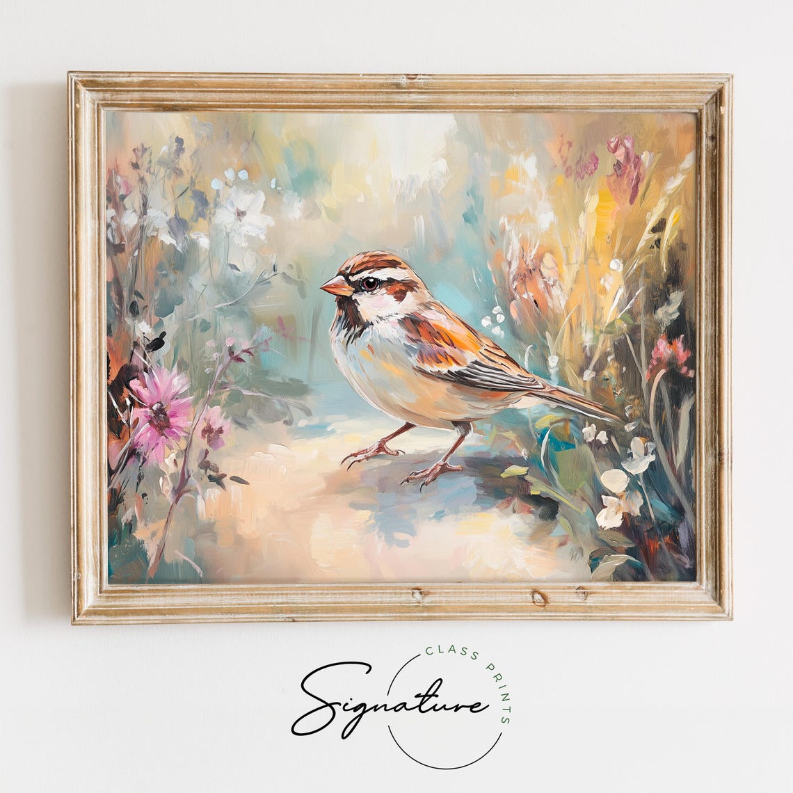 Curious Sparrow On Meadow Path Surrounded By Wildflowers Wall Art