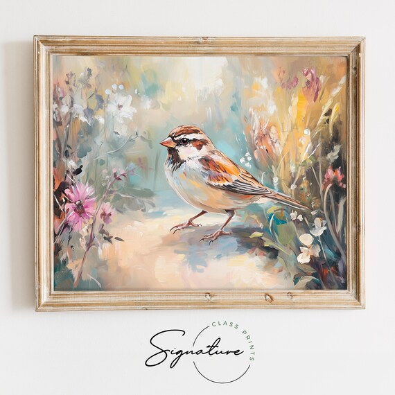 Curious Sparrow On Meadow Path Surrounded By Wildflowers Wall Art