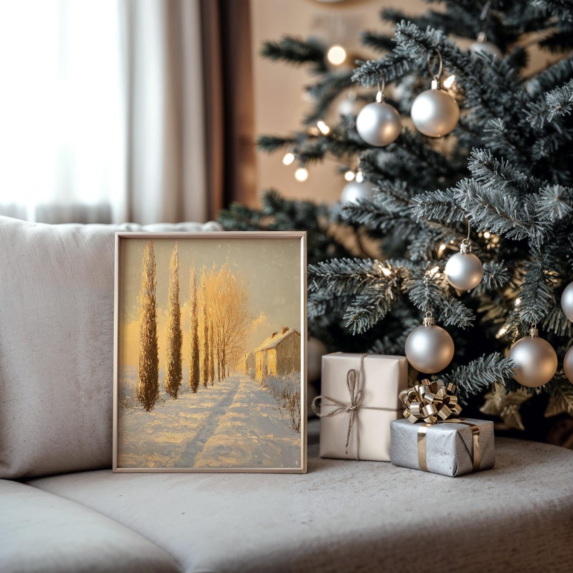 Golden Cypress Lined Snowy Path Winter Countryside Scene Poster - Image 5