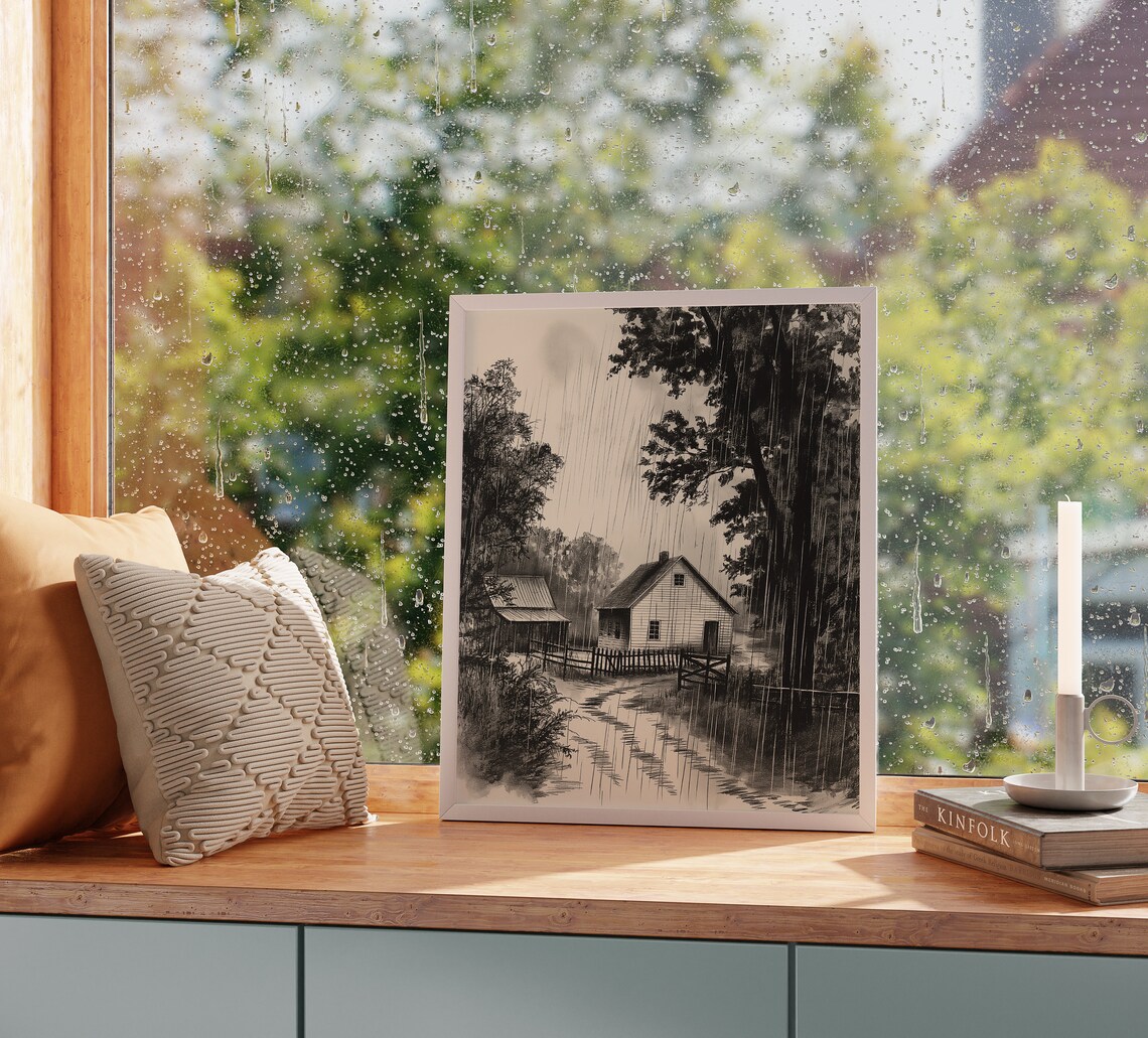 Rain Over Country Farmhouse Fences And Tall Trees Monochrome Poster - Image 2