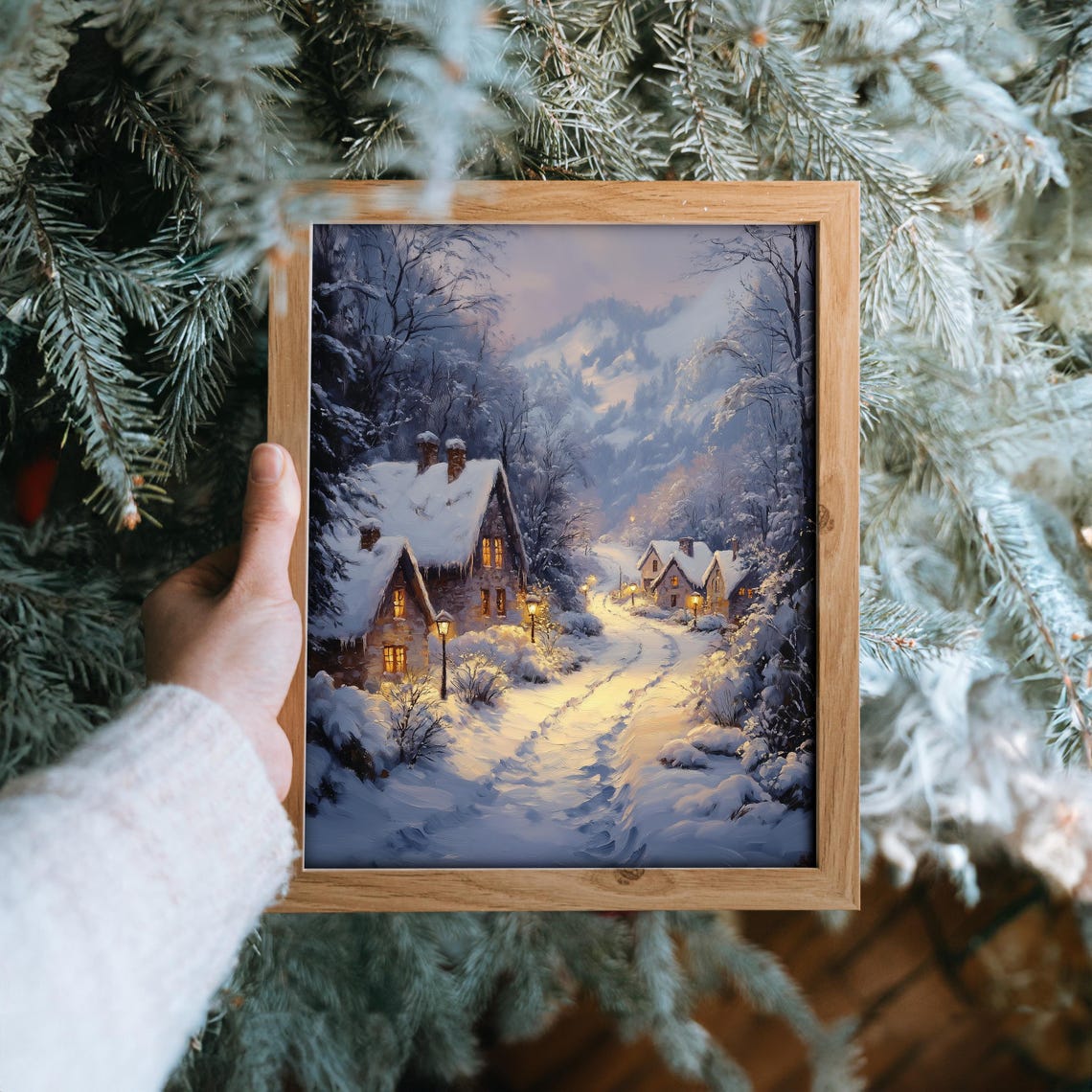 Snowy Mountain Village At Dusk With Glowing Windows Winter Wall Art - Image 6