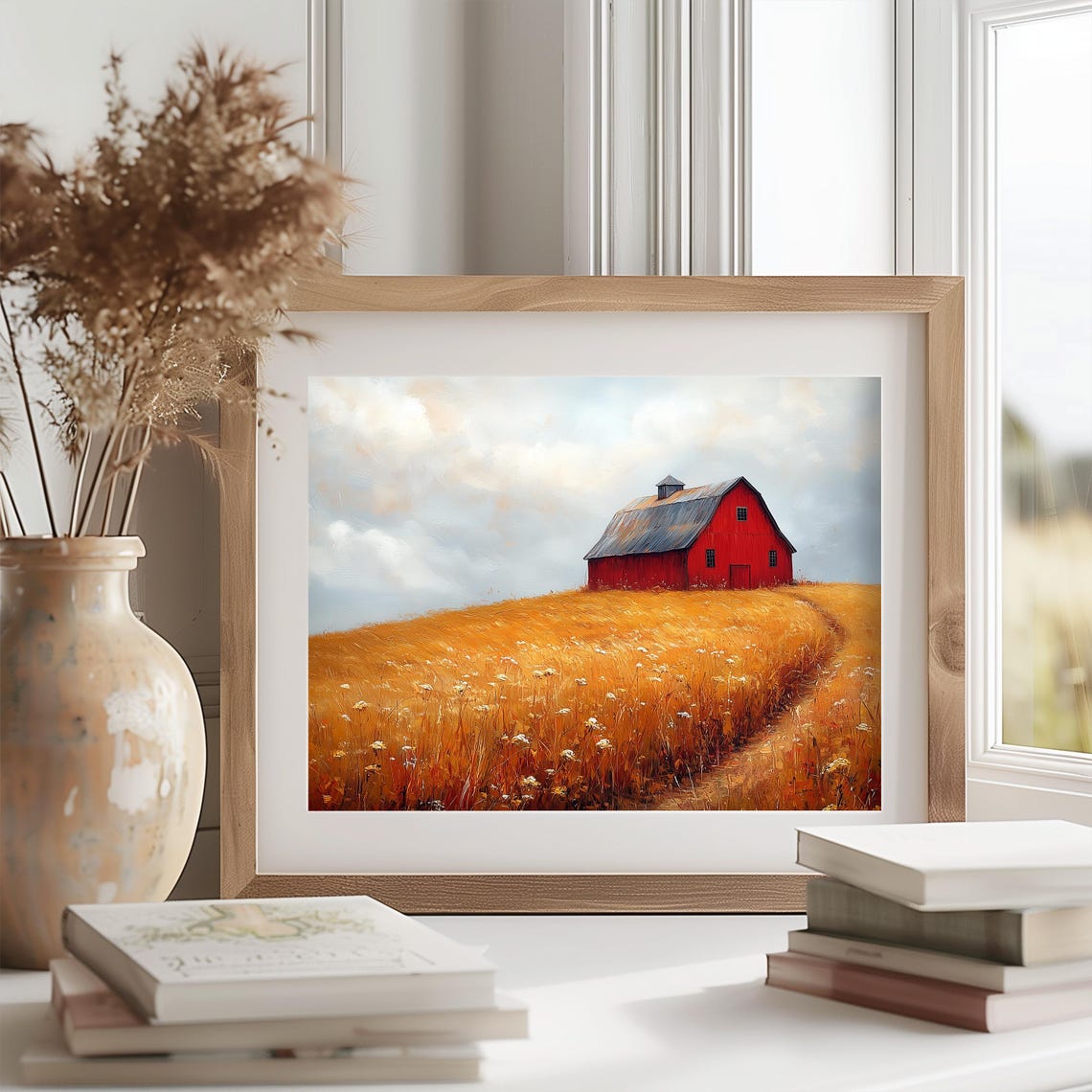Red Barn Golden Hilltop Soft Sky Autumn Farm Landscape Poster - Image 2