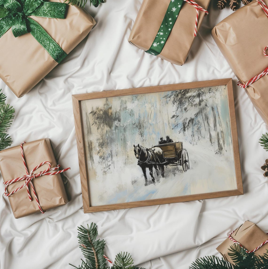 Horse Drawn Wagon Traveling Through Snowy Winter Woods Poster - Image 2