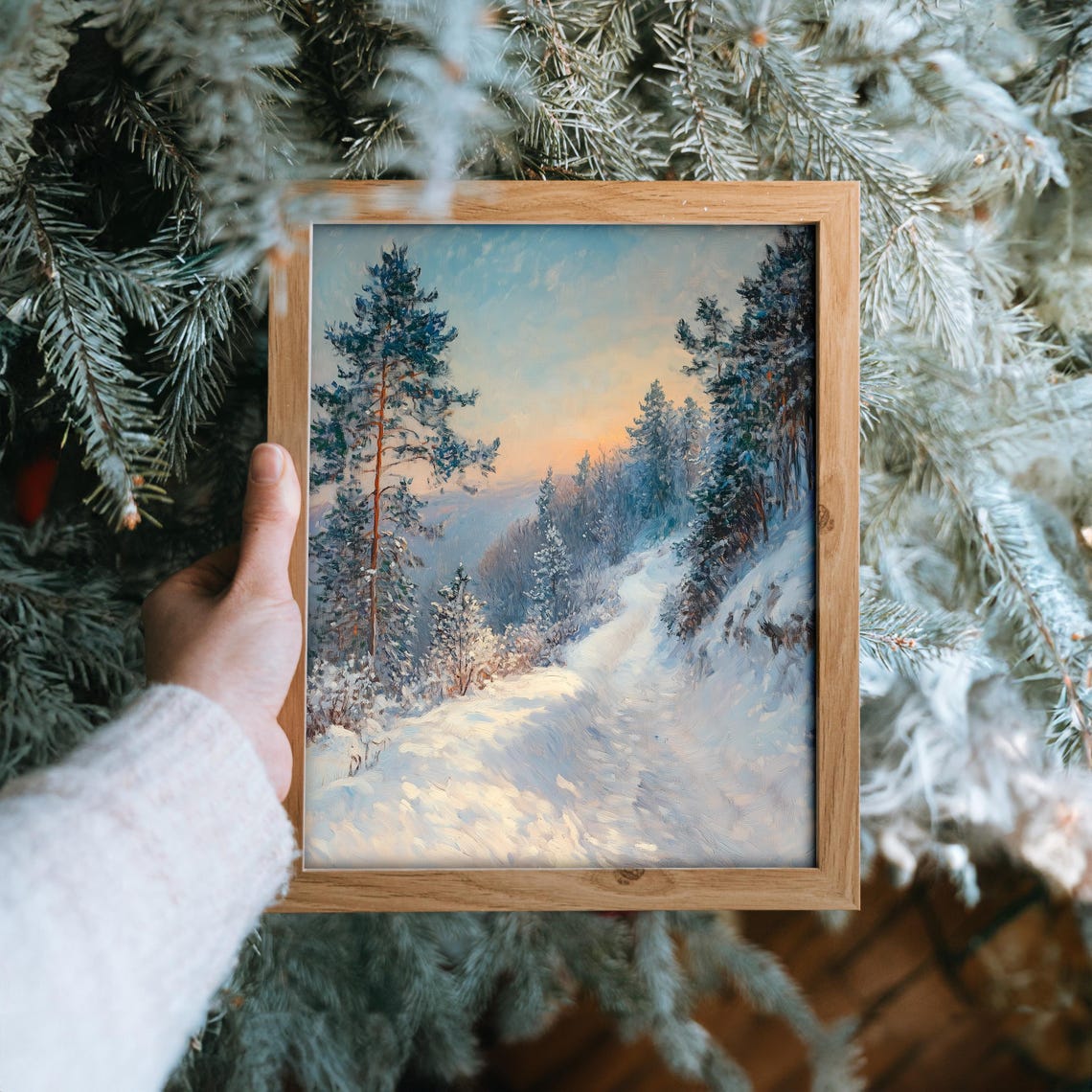 Snowy Forest Path at Sunset Under Blue and Peach Sky View Poster - Image 6