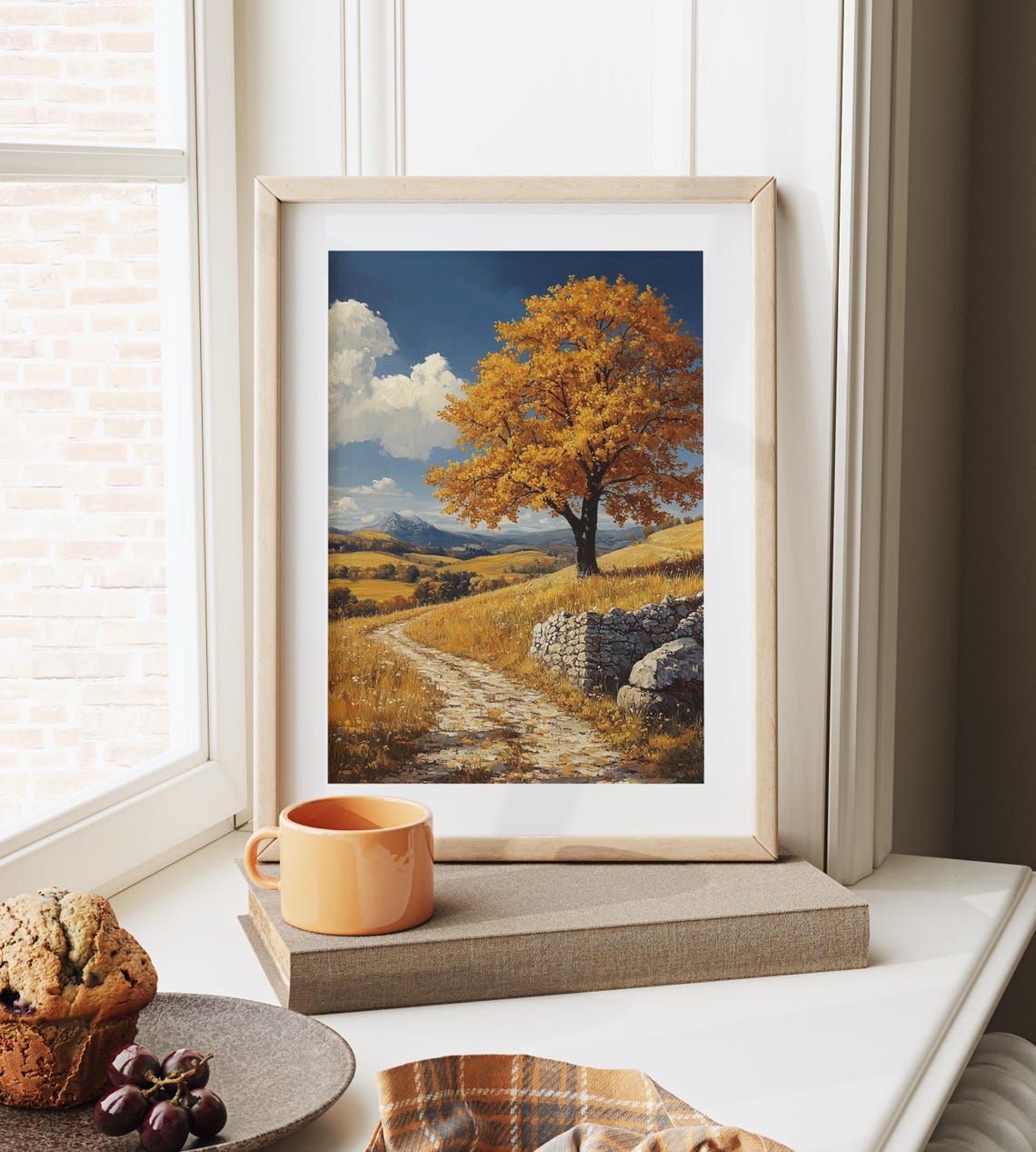 Golden Autumn Tree Lone Hillside Path Mountain View Oil Art Poster - Image 6