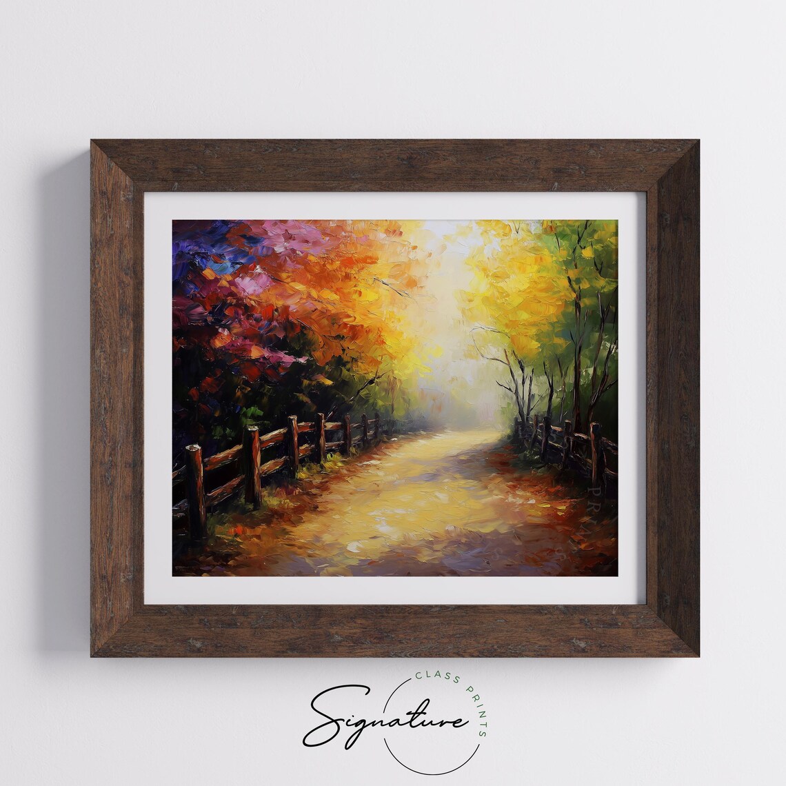 Vibrant Autumn Path With Wooden Fence Colorful Fall Forest Painting Poster - Image 5