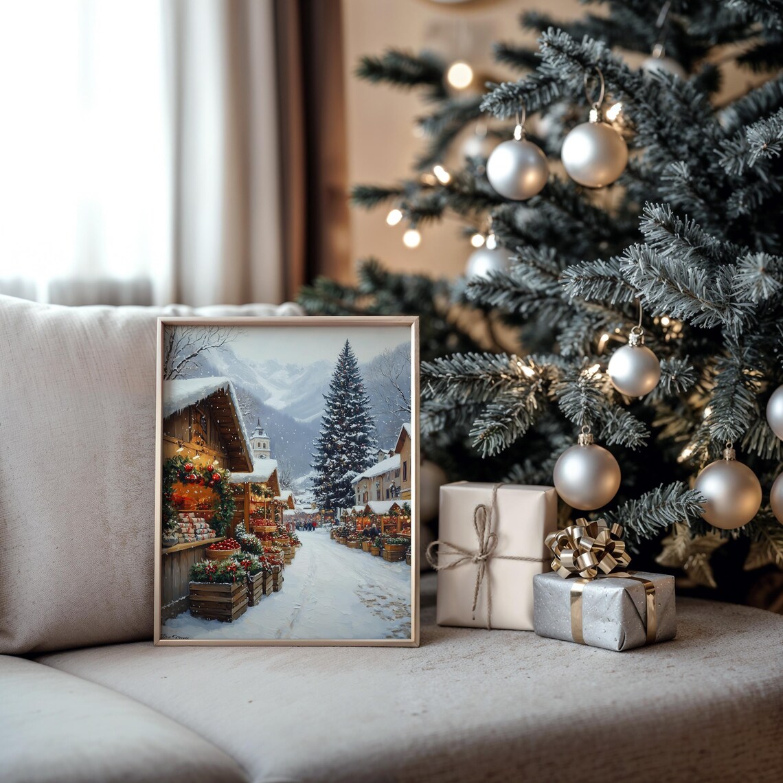 Alpine Christmas Market with Church Tree and Wooden Stalls Poster - Image 5