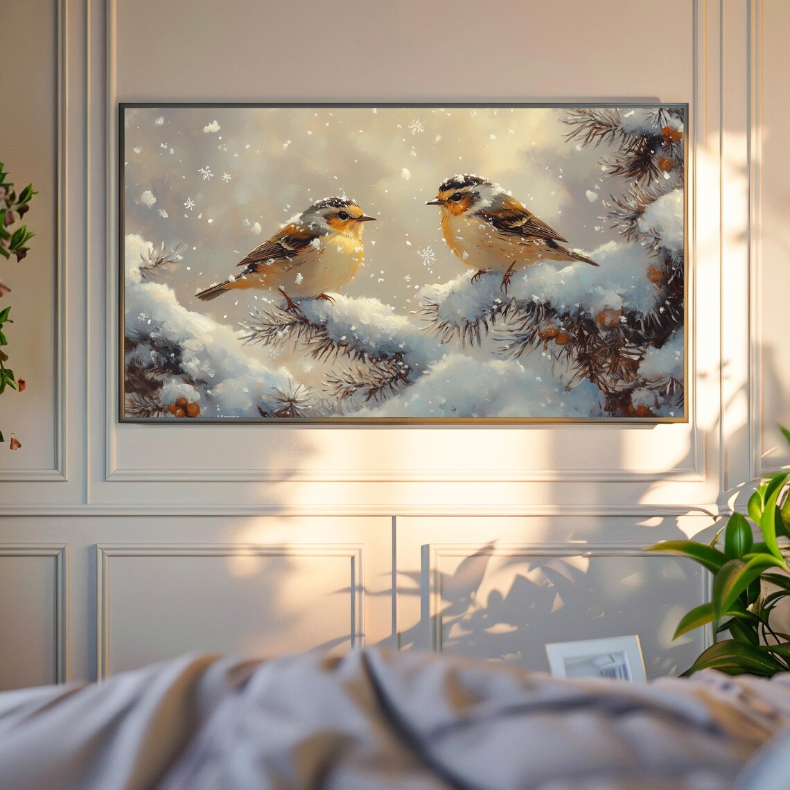 Goldfinches Pair Snowy Pine Branch Winter Birds Falling Snowflakes Poster - Image 4
