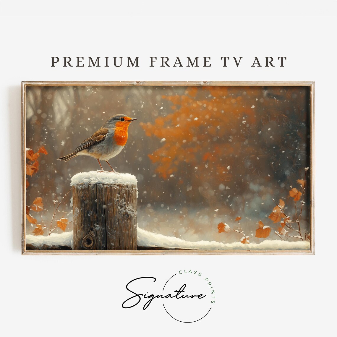 European Robin on Snowy Fence Post Autumn Leaves Winter Scene Poster