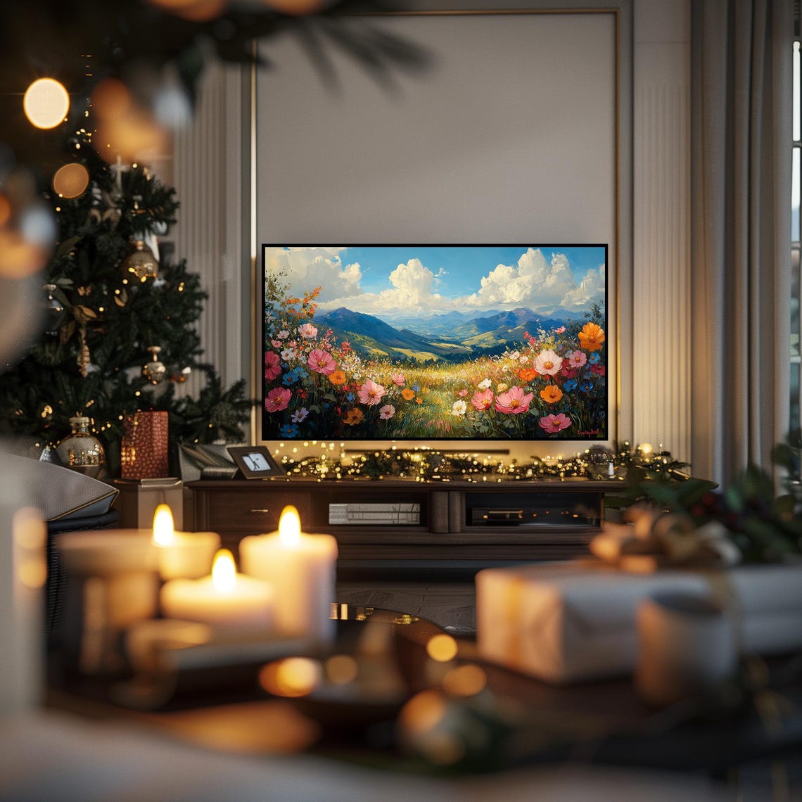 Colorful Wildflower Field Below Blue Mountains Frame TV Wall Art - Image 3