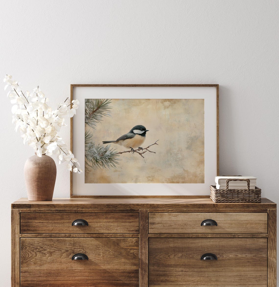 Chickadee On Frosted Pine Branch Warm Vintage Winter Bird Wall Art - Image 2