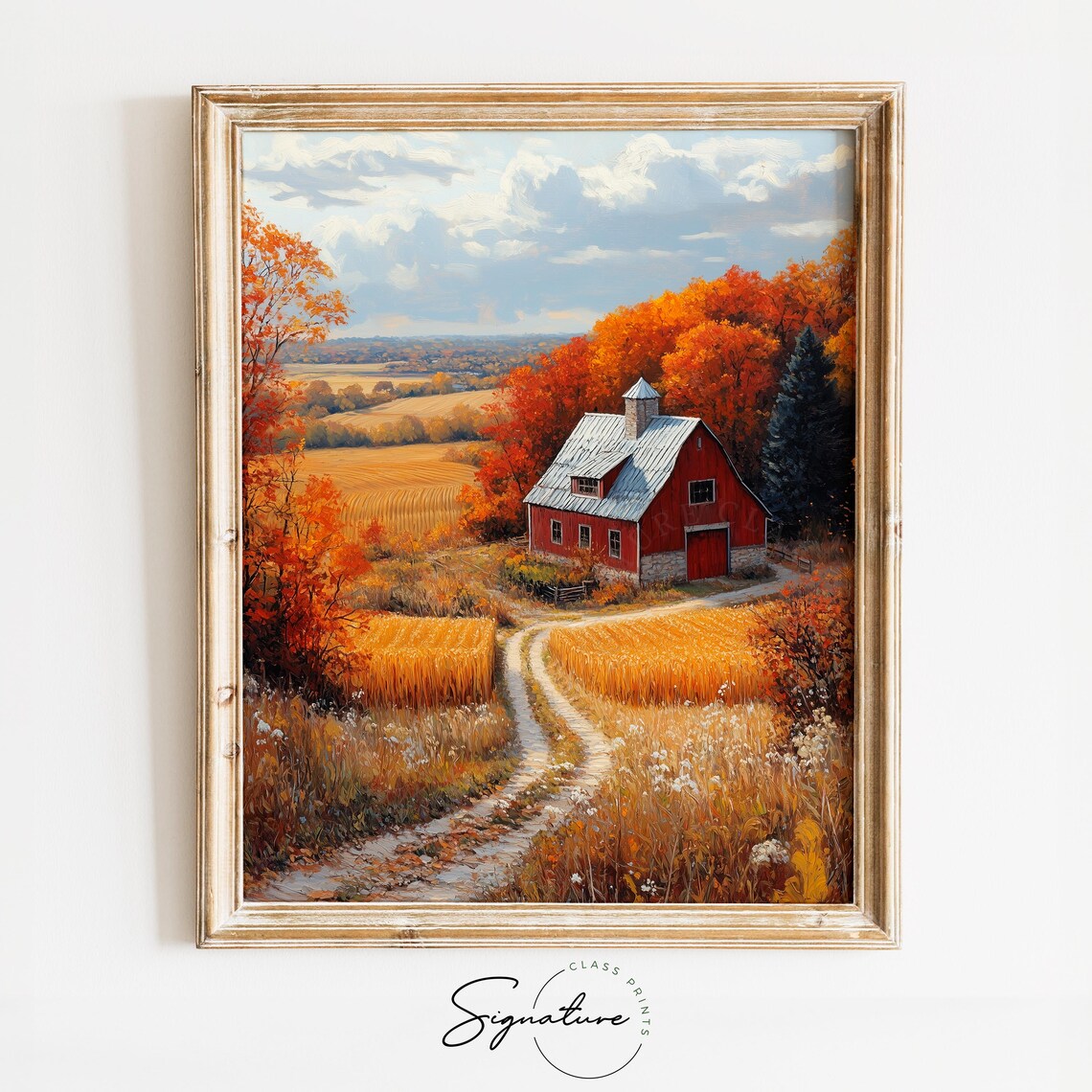 Red Barn Autumn Landscape With Golden Wheat Fields and Winding Path Wall Art