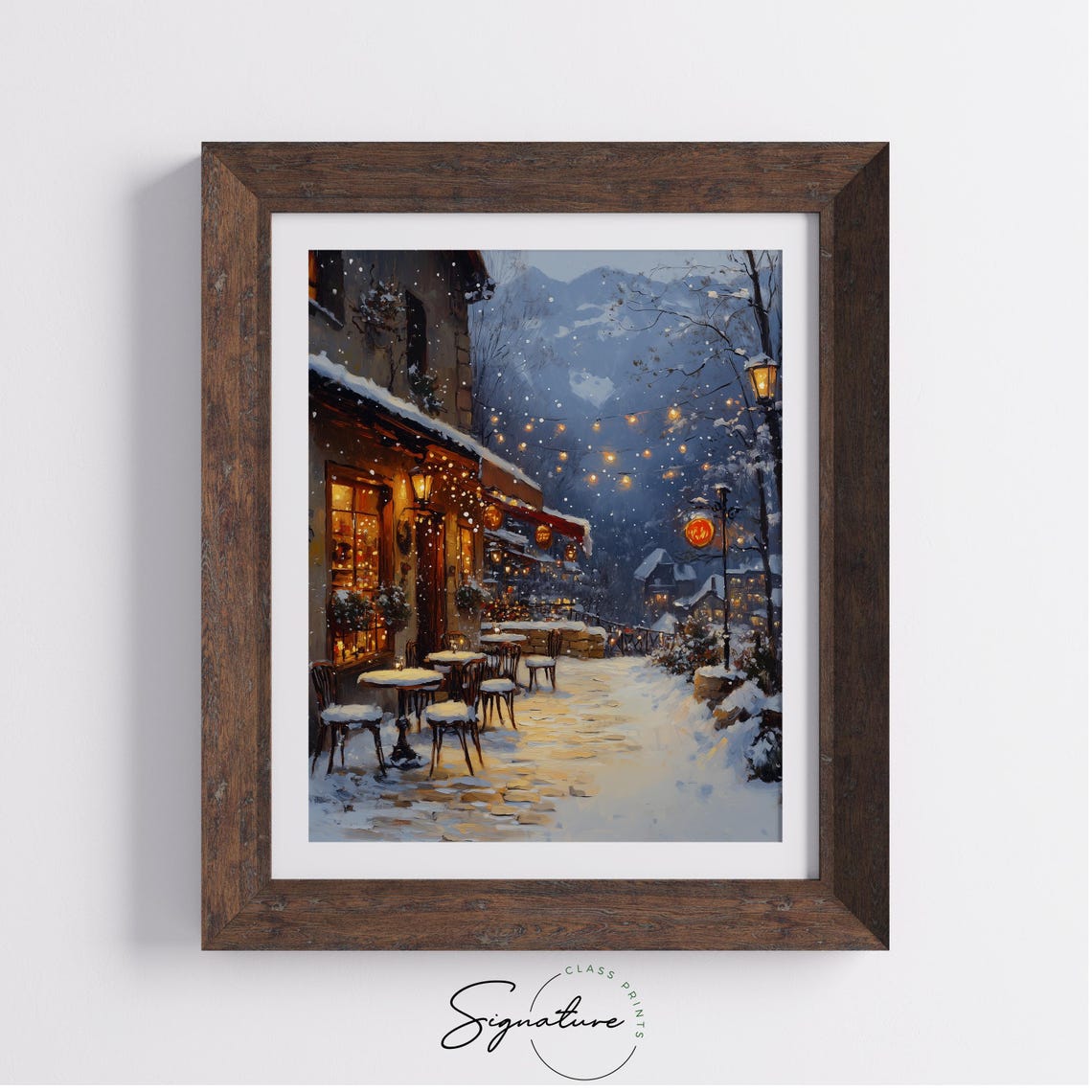Cobblestone Village Square In Winter With Cafe Lights Poster - Image 3