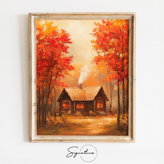 Log Cabin Red Autumn Forest Glowing Windows Fall Woods Poster