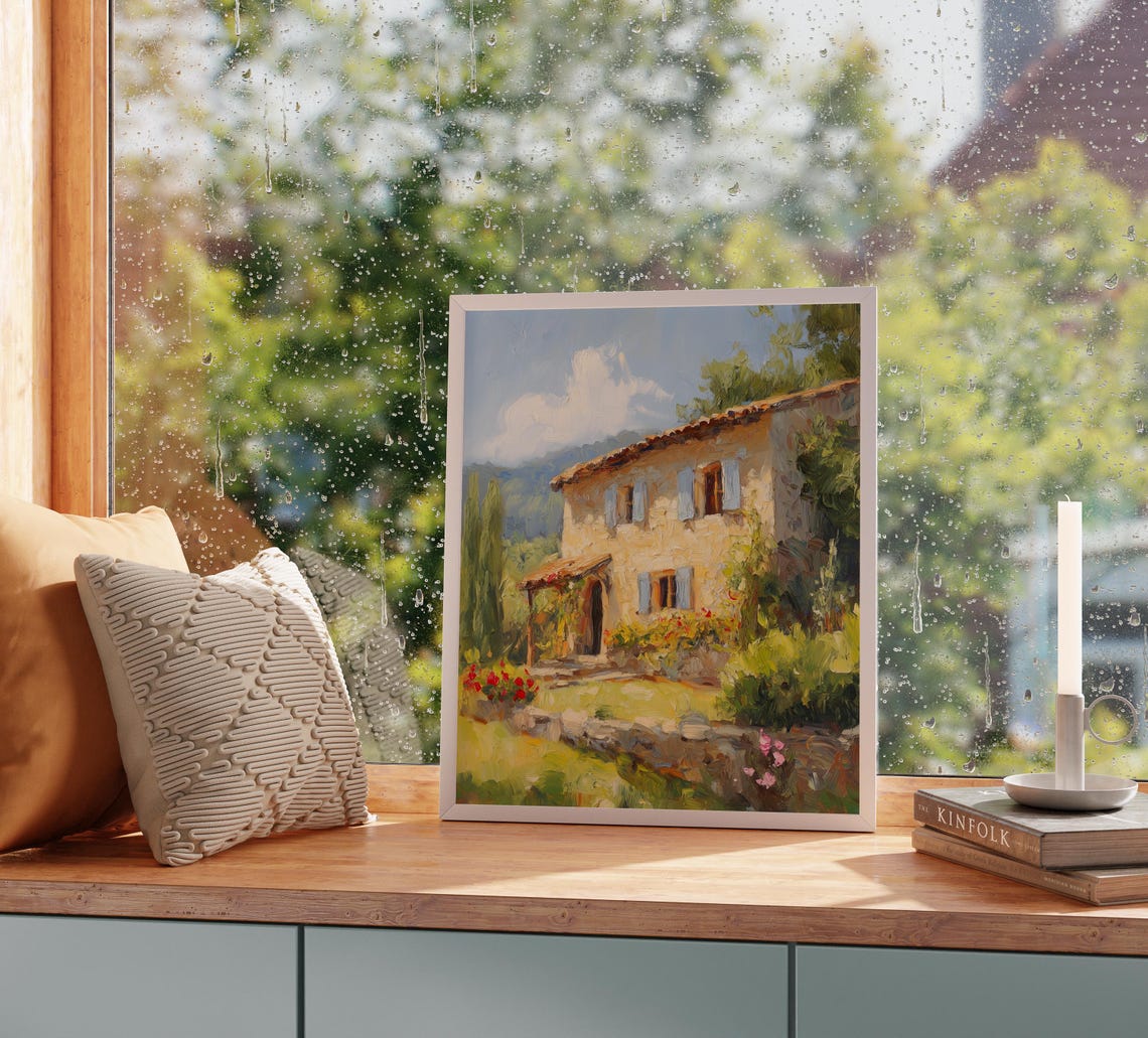 Stone Farmhouse Blue Shutters Cypress Trees Summer Garden Poster - Image 2