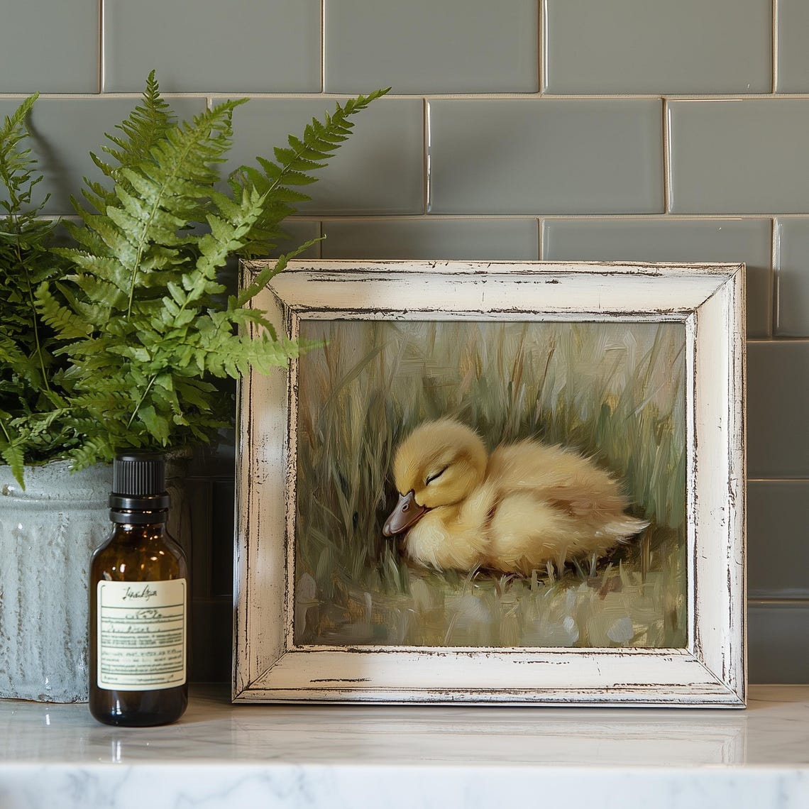 Sleeping Baby Duckling Curled in Grass Soft Spring Wildlife Art Poster - Image 4