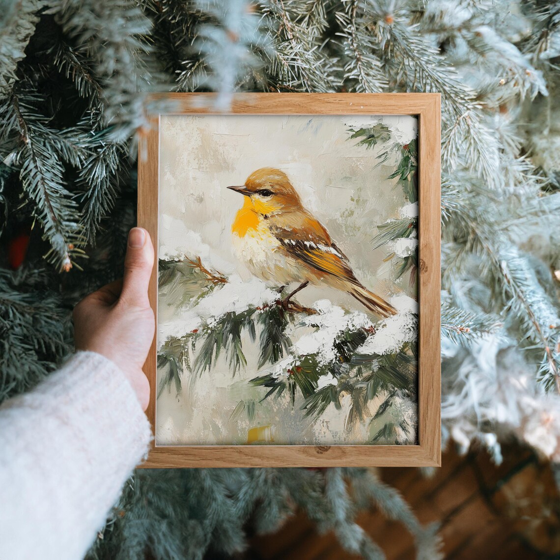 Golden Yellow Songbird on Snowy Pine Branch Winter Oil Style Poster - Image 6