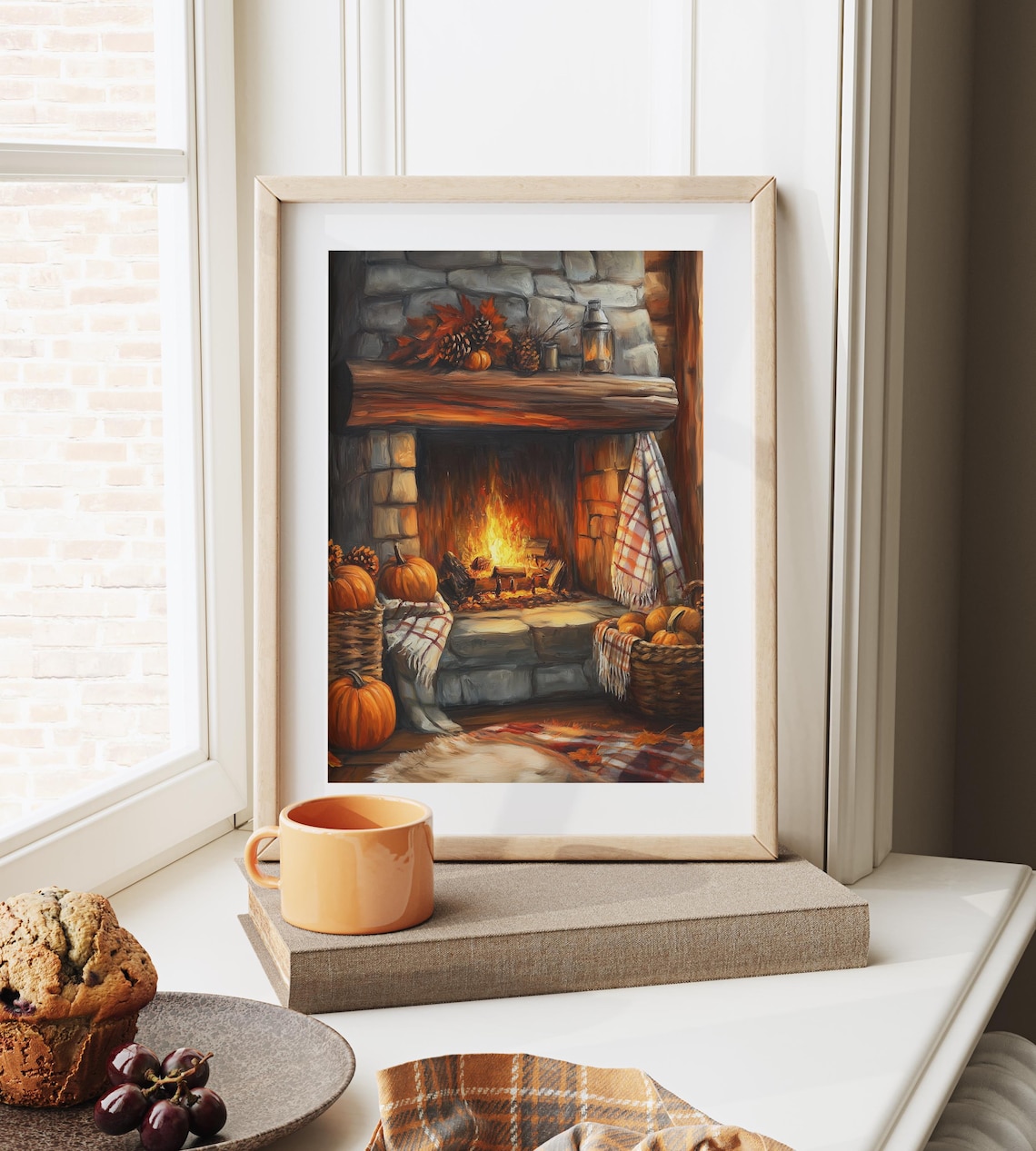 Rustic Stone Fireplace with Pumpkins Baskets and Cozy Fall Decor Poster - Image 6