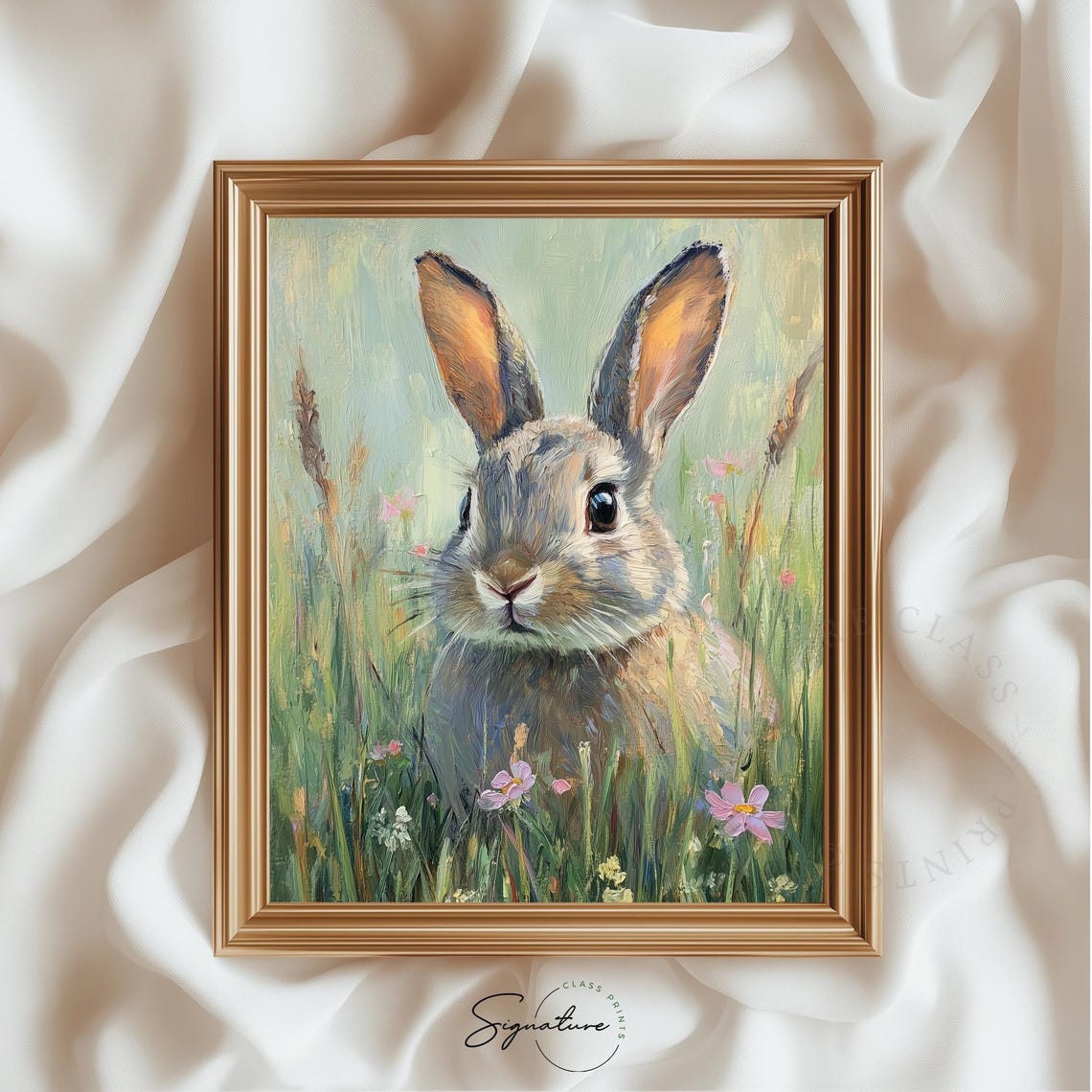 Bunny In Grassy Spring Field Cute Rabbit Animal Painting Wall Art