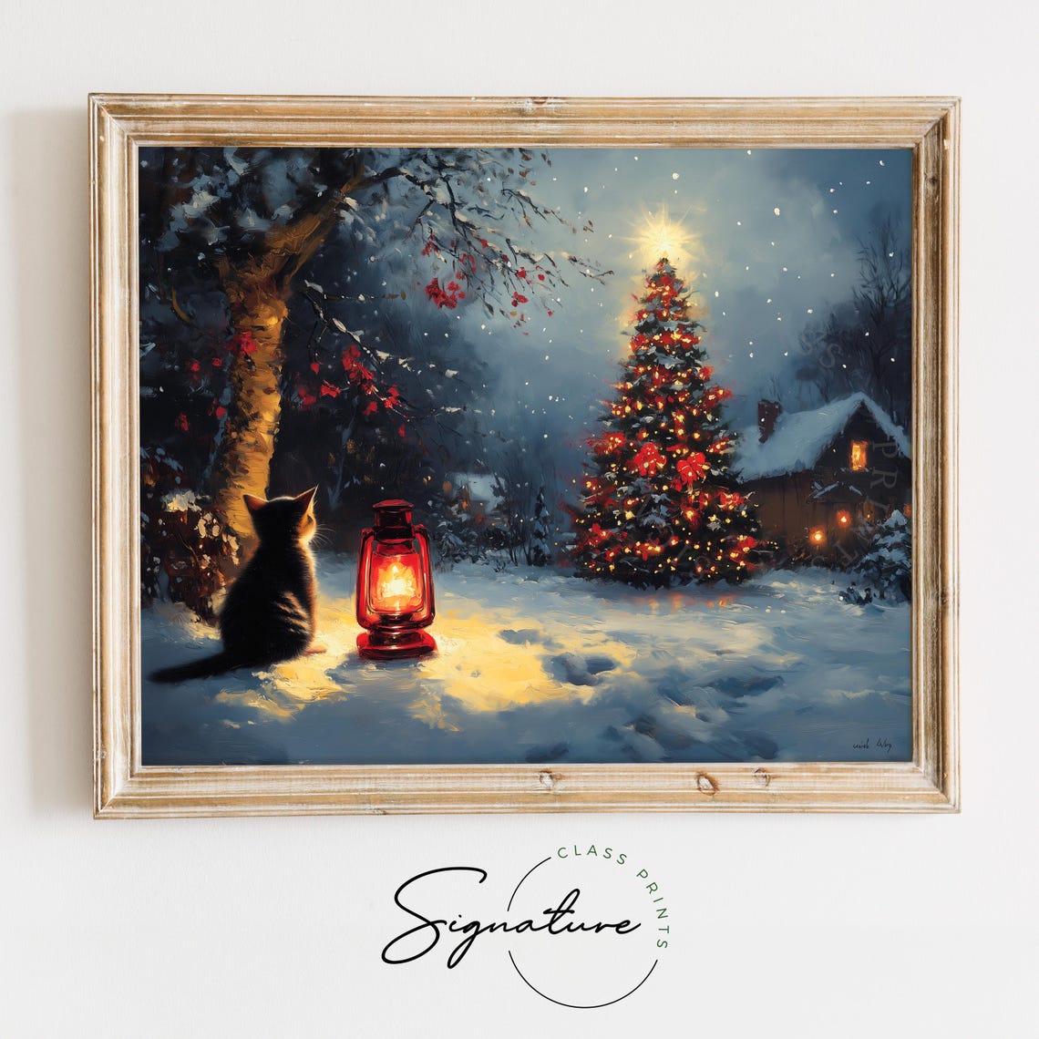 Kitten By A Glowing Lantern Gazing At A Christmas Tree At Night Poster