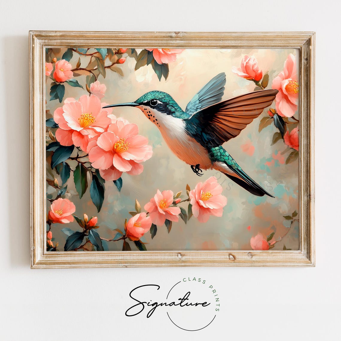 Hovering Hummingbird Among Pink Petals Cottagecore Spring Bird Poster