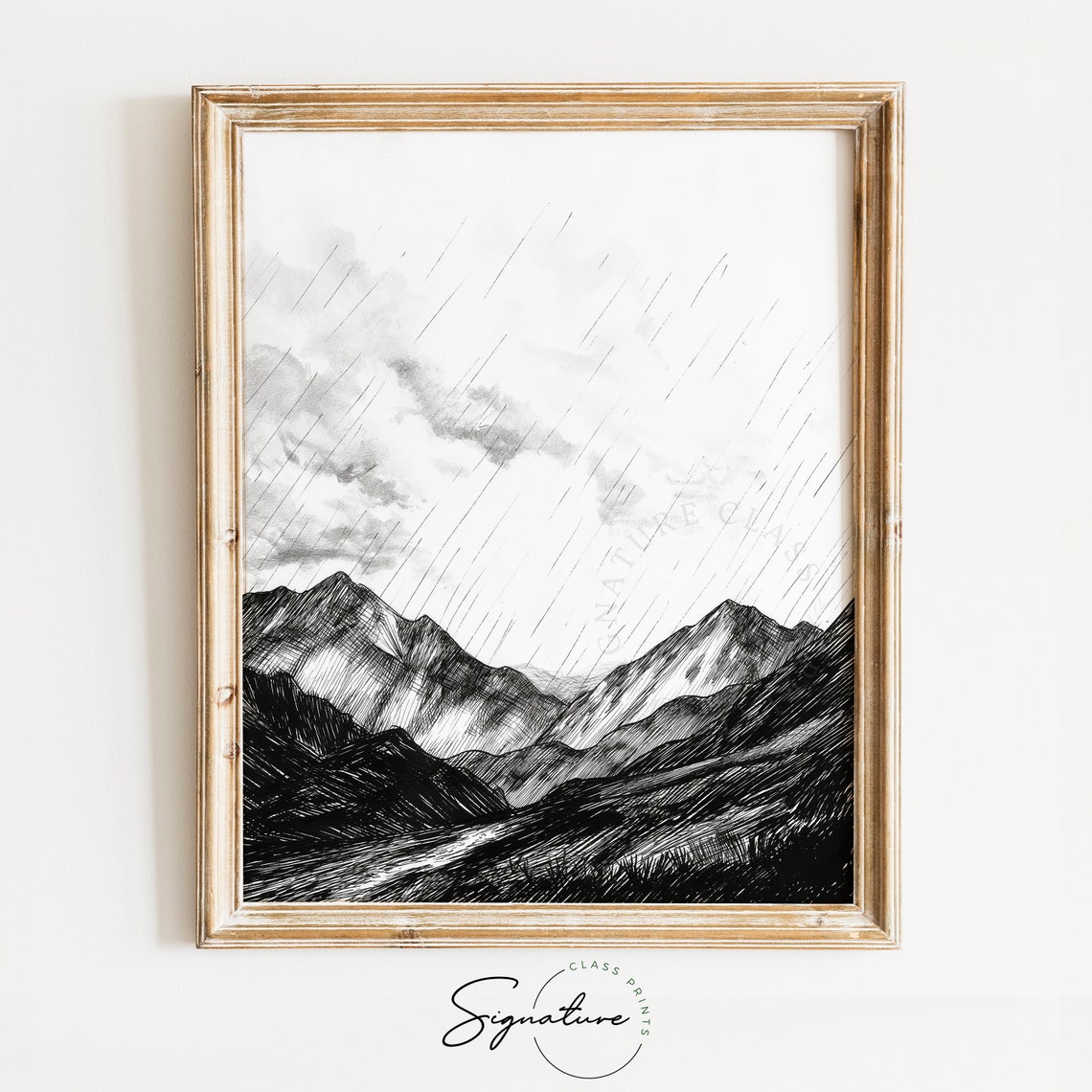 Dramatic Heavy Rain Over Rugged Mountain Range Pen Sketch Poster