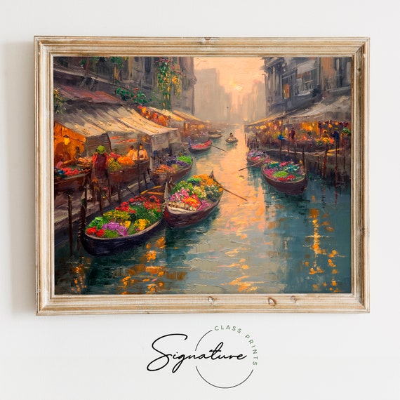 Floating Market At Dawn Painting Vibrant River Scene Early Morning Market Artwork Colorful And Cheerful Wall Decor Piece 842