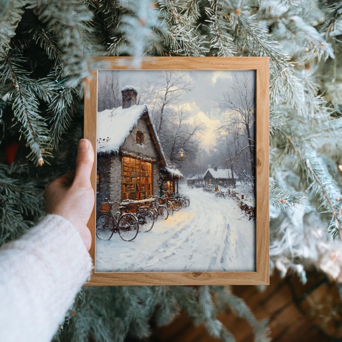 Snowy Bookstore with Glowing Windows and Bicycles Winter Poster - Image 6