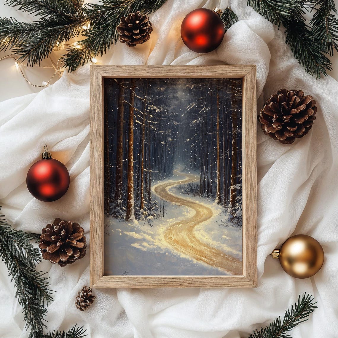 Moonlit Winding Trail Through Snow Laden Pine Forest Night Poster - Image 4
