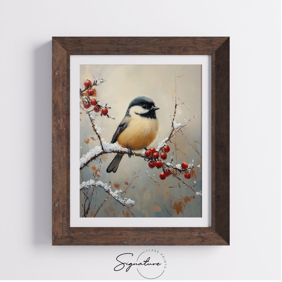 Chickadee on Snowy Branch with Bright Red Berries Winter Print - Image 3