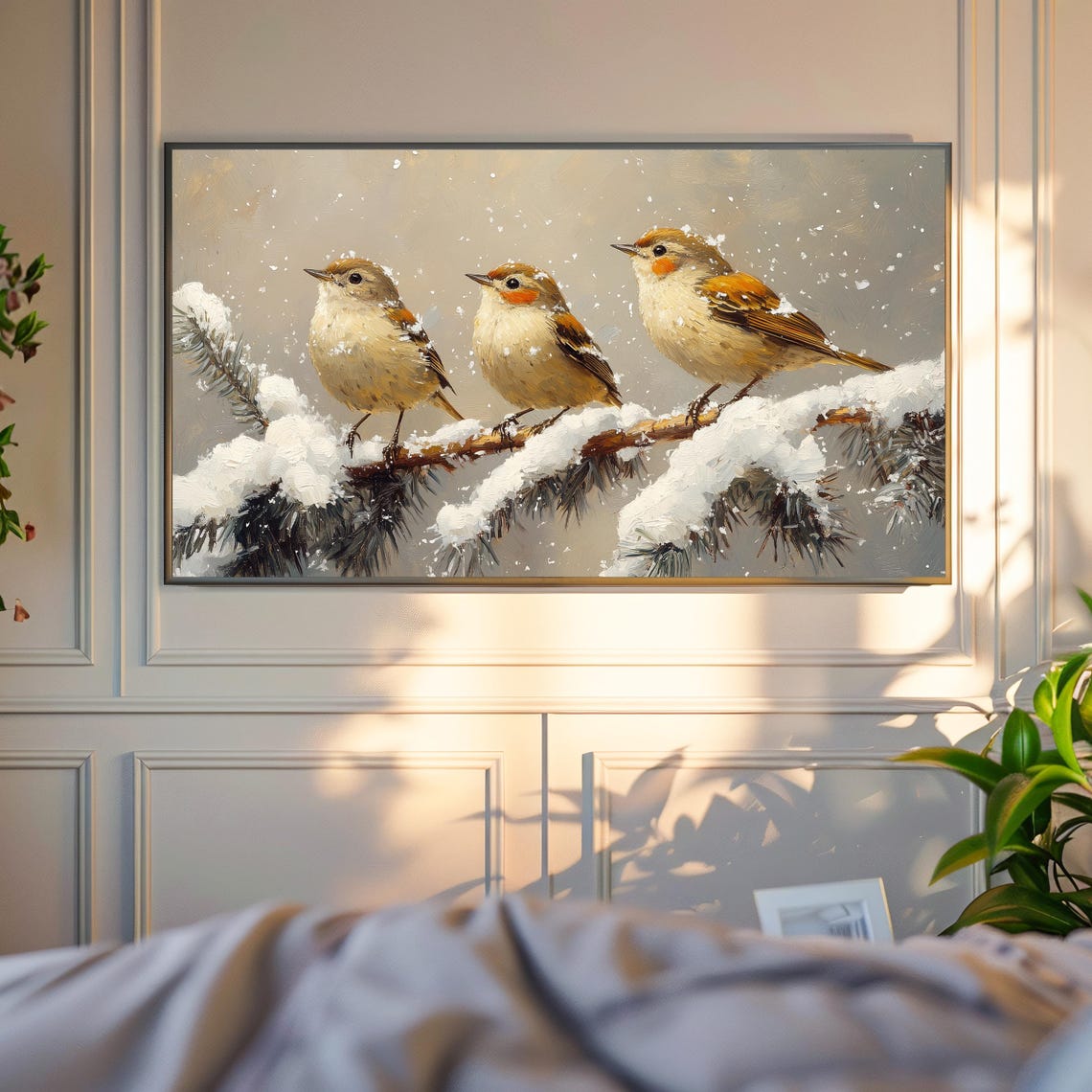 Three Goldcrests on Snowy Branch in Falling Snow Winter Poster - Image 4
