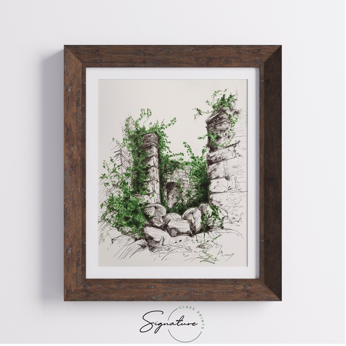 Ancient Stone Ruins Covered In Ivy Green Watercolor Sketch Poster - Image 4